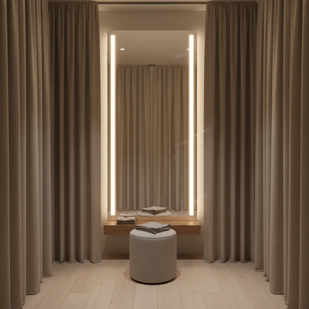 small fitting room with mirror and soft LED lighting making the space feel larger
