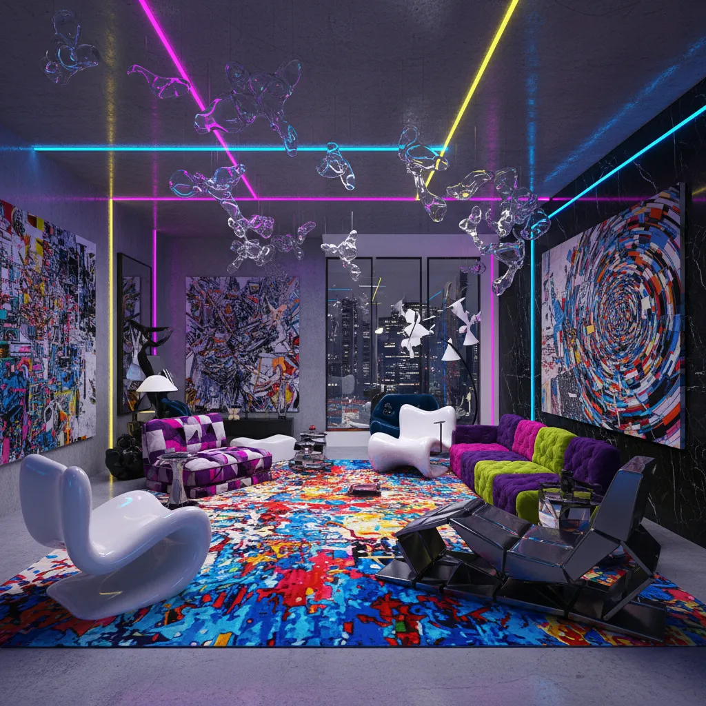 Overly chaotic avant garde living room with too many statement elements