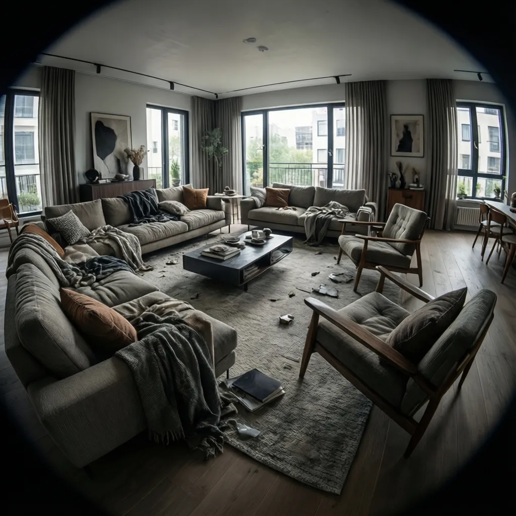 Open plan living room with poorly defined furniture layout and scattered seating