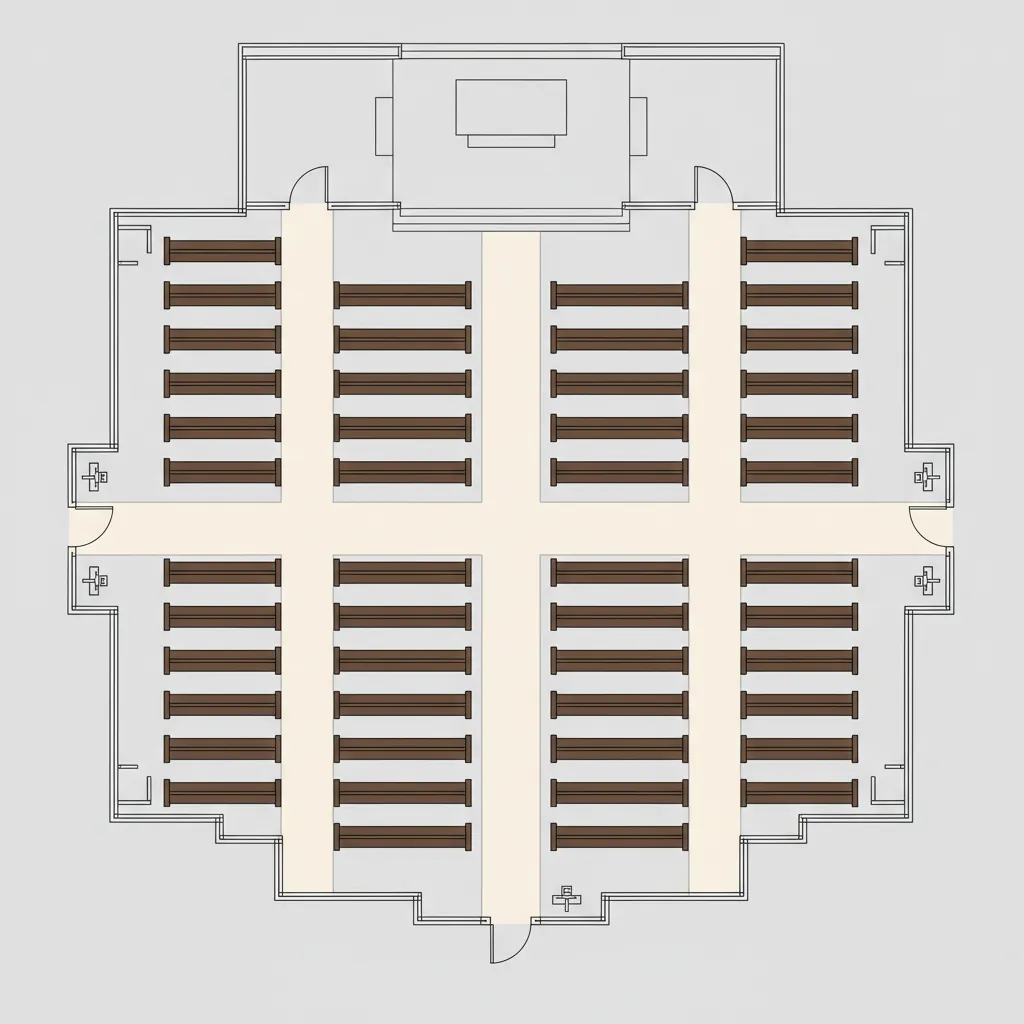 Chapel seating plan highlighting center aisle side aisles and exits