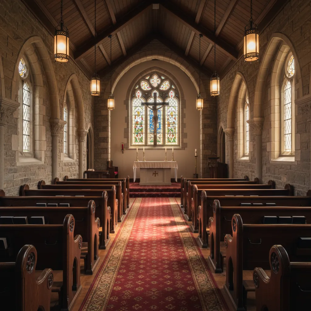 view down the aisle of a small chapel showing seating spacing