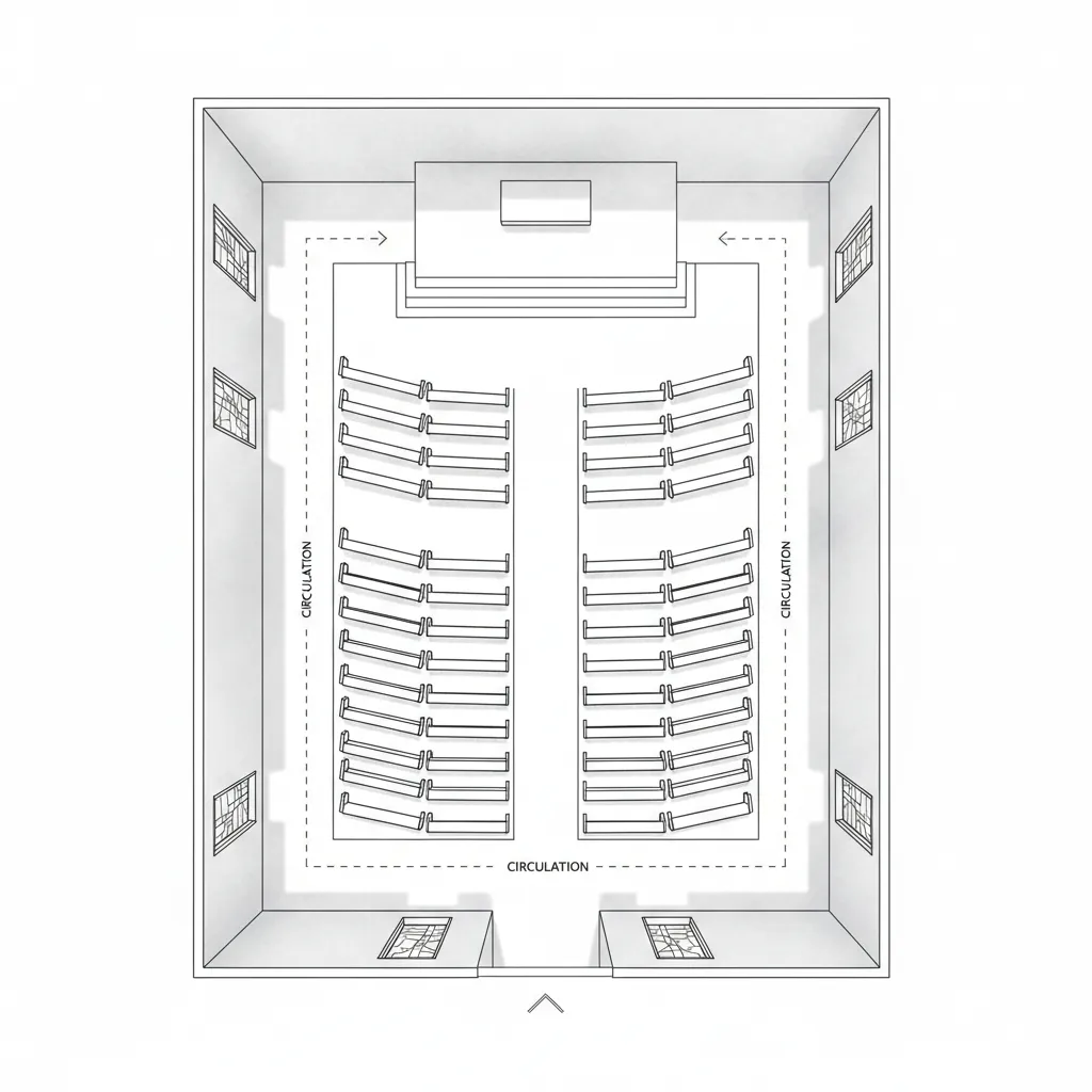 chapel floor plan diagram showing aisle spacing and seating blocks