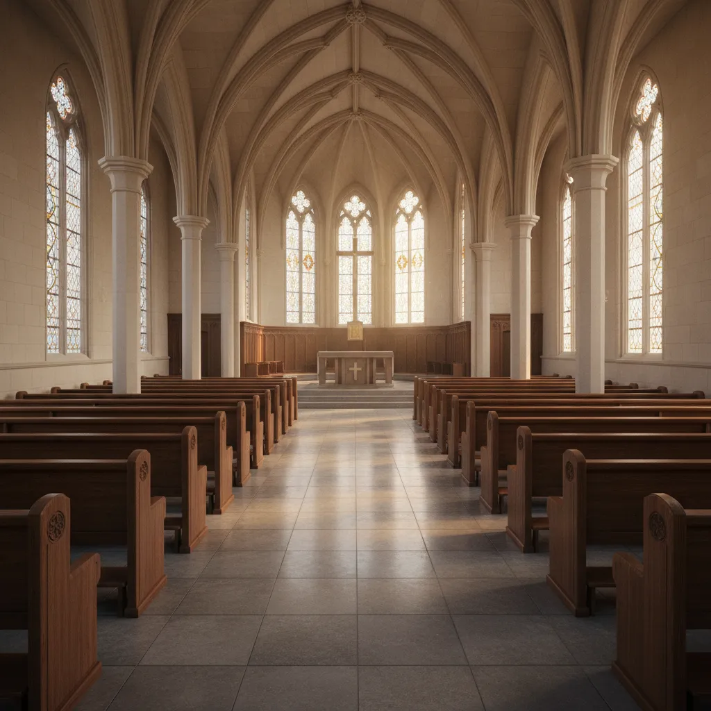 Architectural view highlighting central aisle chapel seating layout