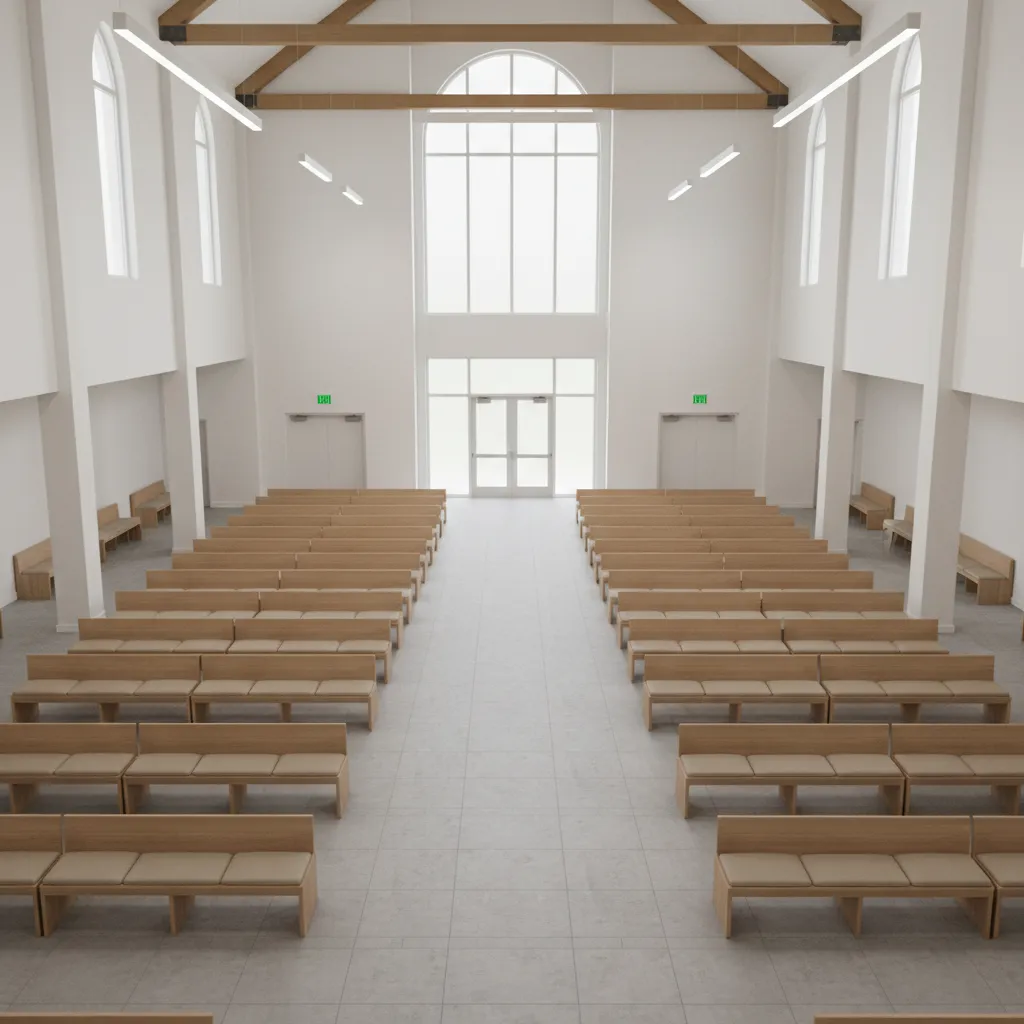 Chapel floor layout highlighting central aisle and emergency exit routes