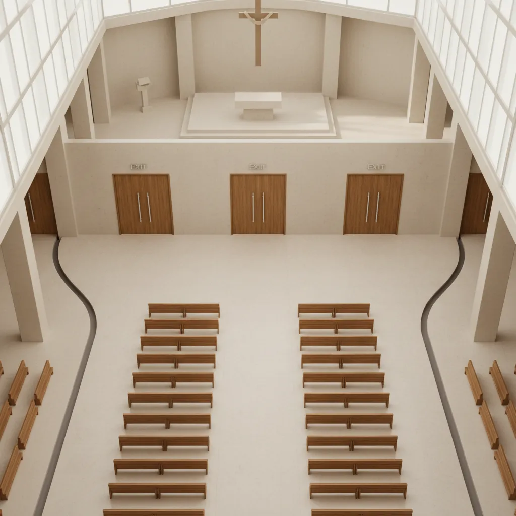 chapel layout showing exit paths and evacuation circulation routes