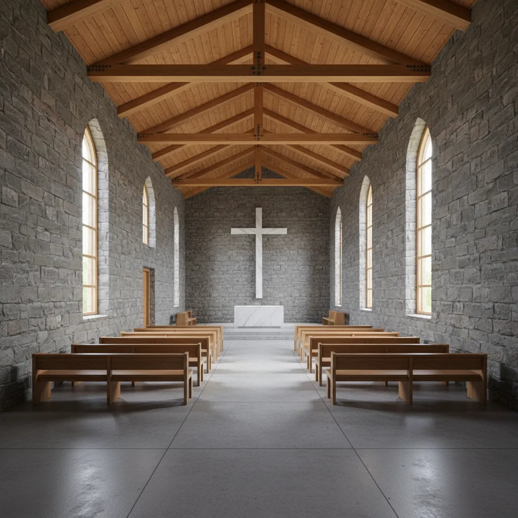 chapel interior showing fire safe materials and clear pathways