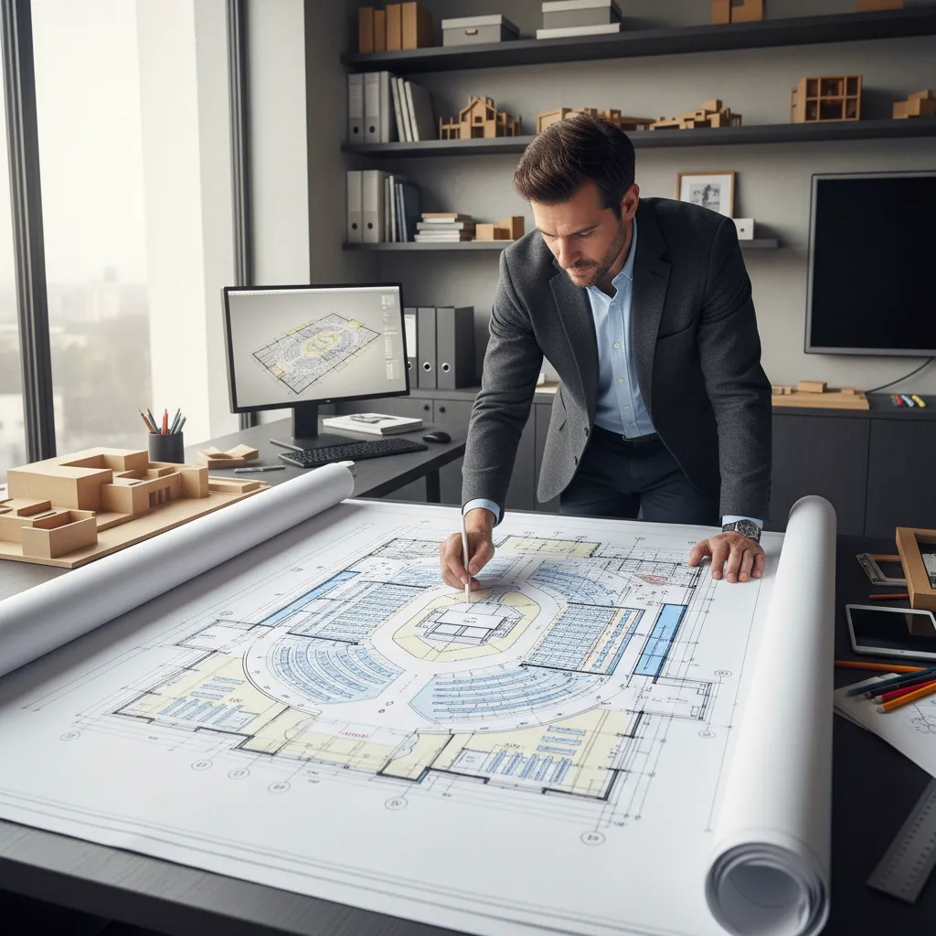 Architect reviewing chapel floor plan with safety zones and circulation paths
