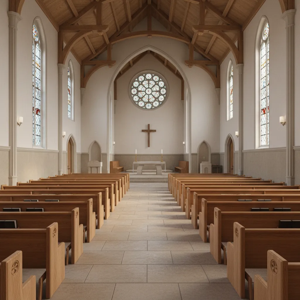 spacious chapel interior with clear aisles and organized seating layout