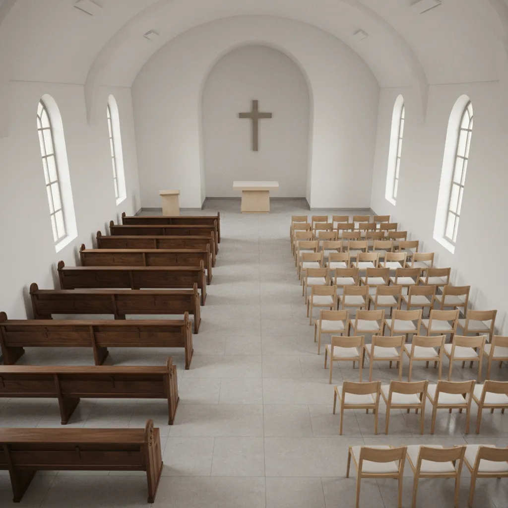 comparison of chapel pew layout and individual chair seating arrangement