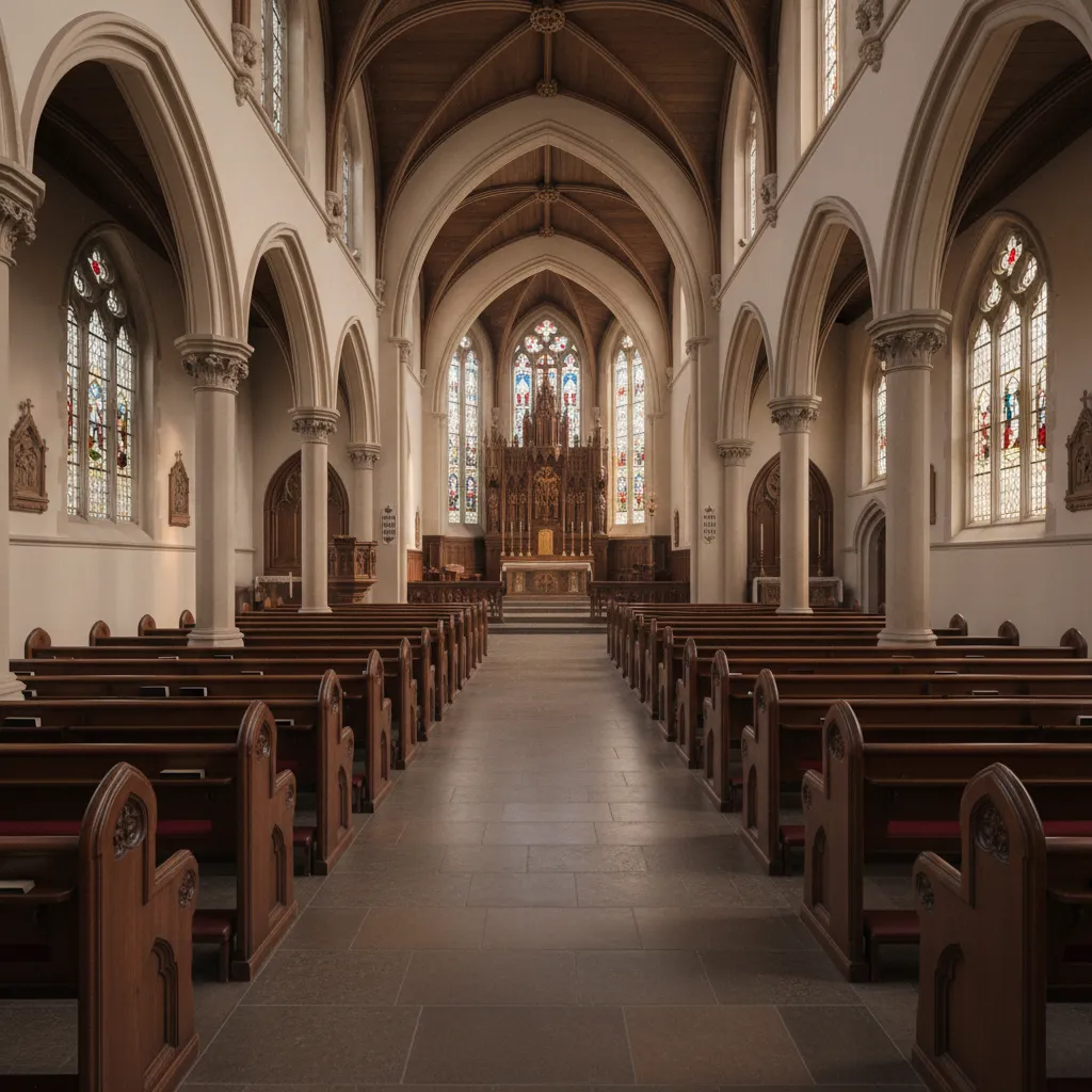 Church chapel interior showing rows of wooden pews and center aisle