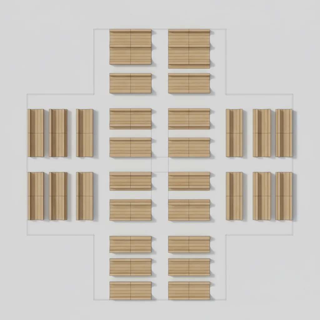 chapel seating layout showing multiple aisles and evacuation circulation paths
