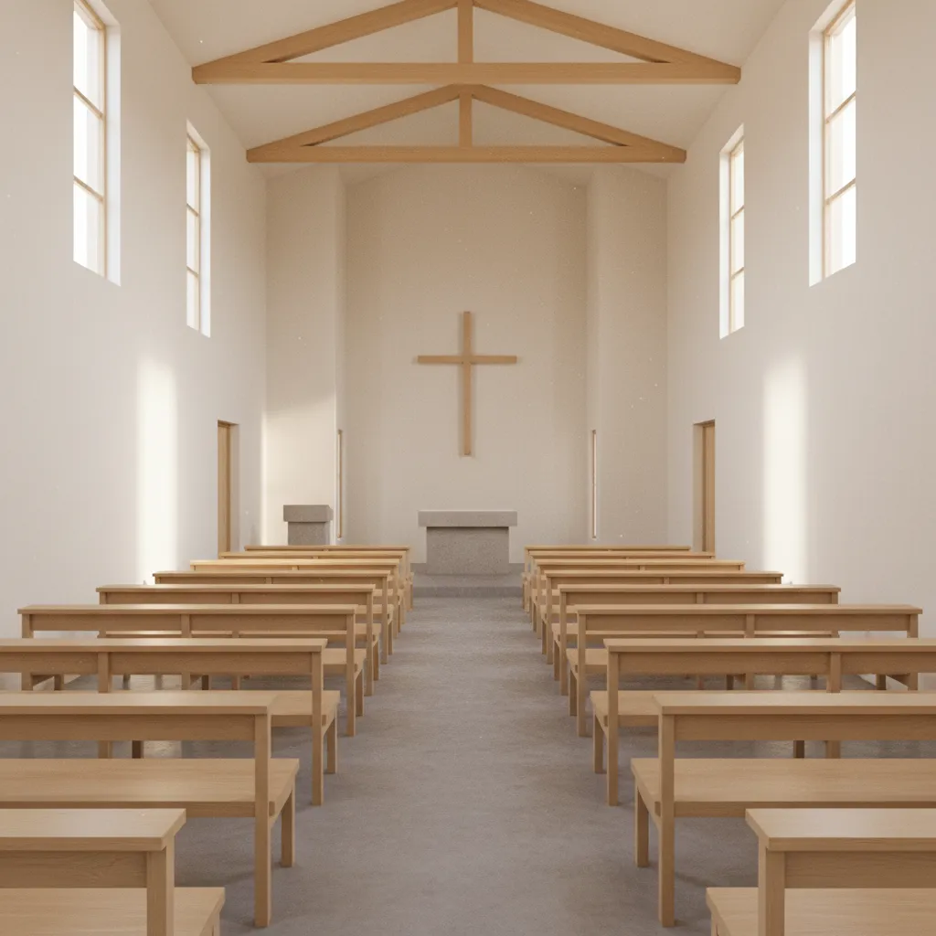 small chapel interior with organized seating rows and clear central aisle for evacuation