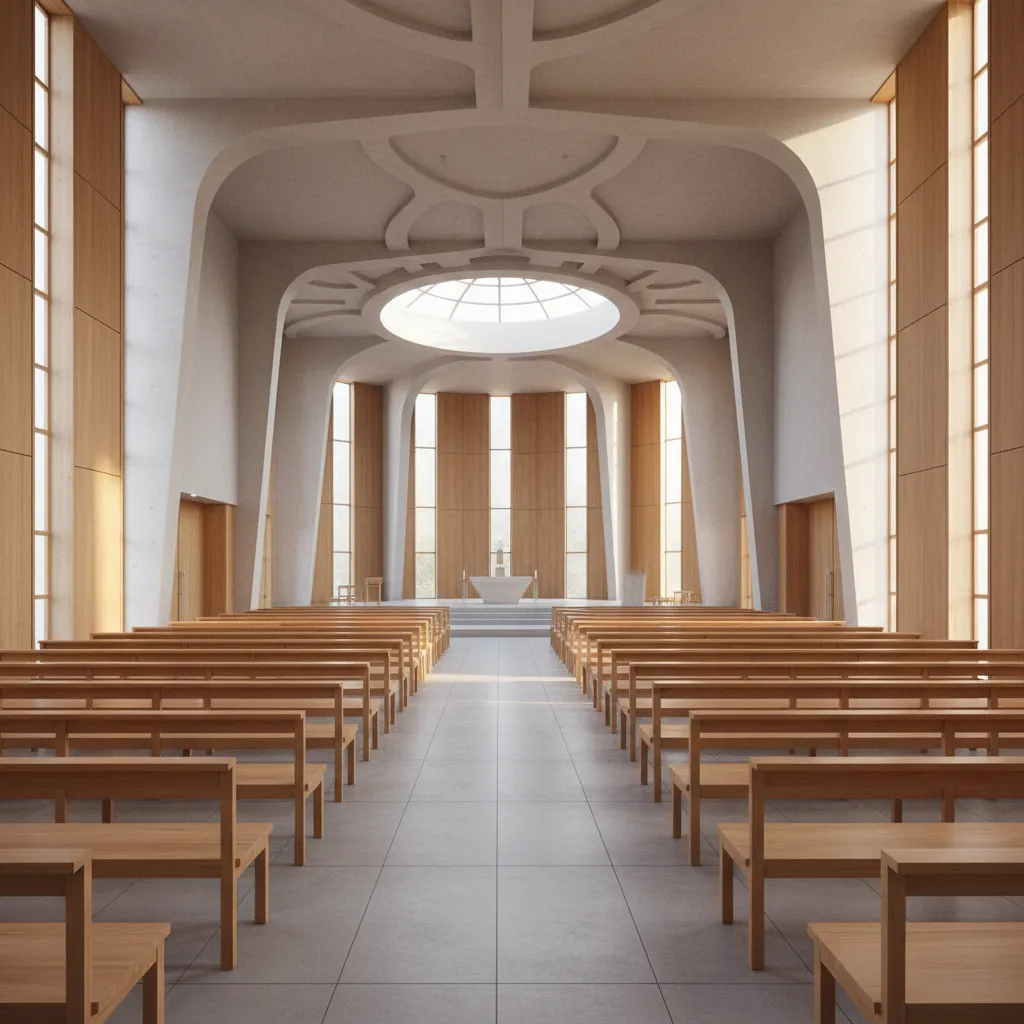 Wide view of chapel interior showing seating rows and main aisle layout
