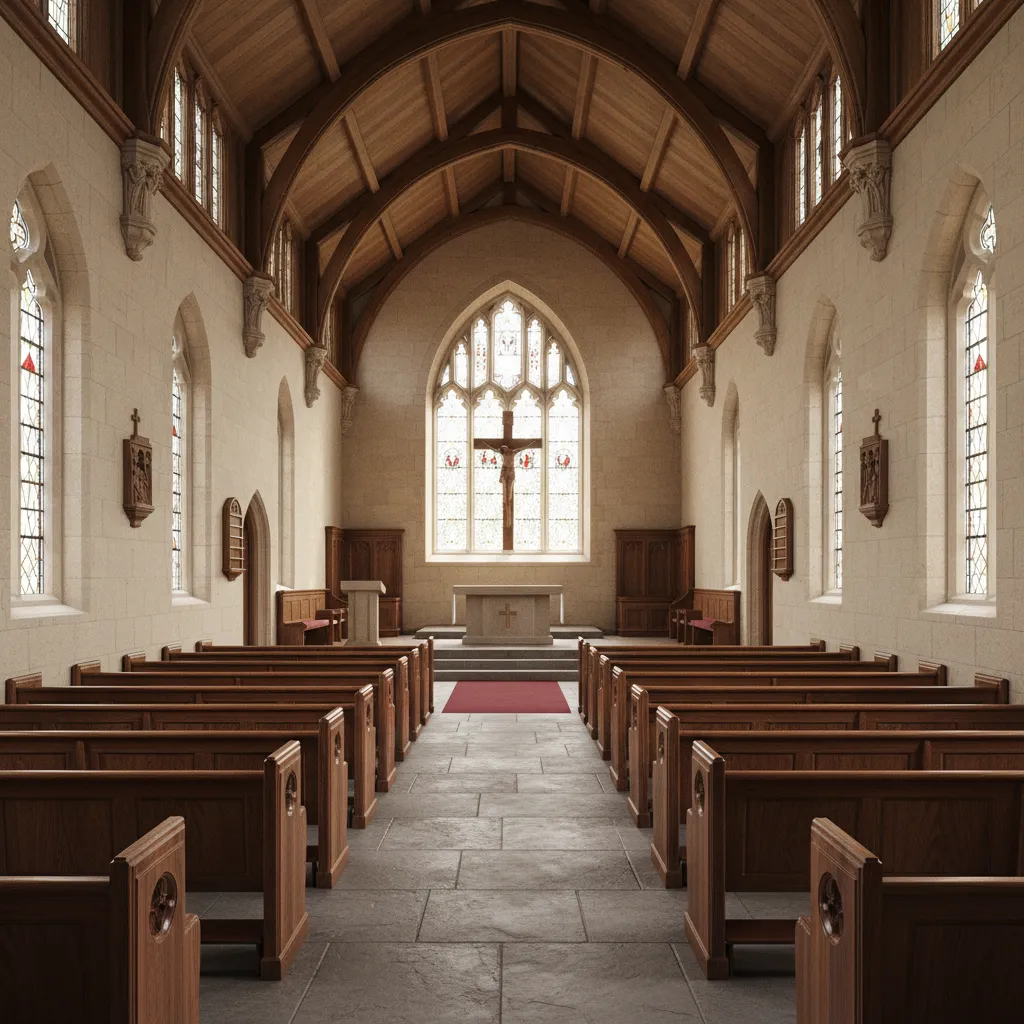 chapel seating layout with central aisle and symmetrical pew arrangement