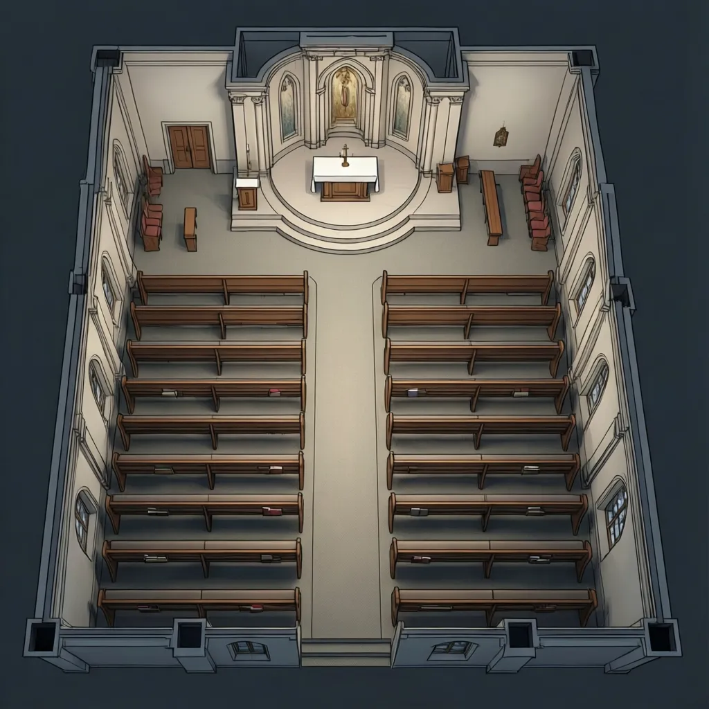 top view layout diagram of small chapel seating and central aisle