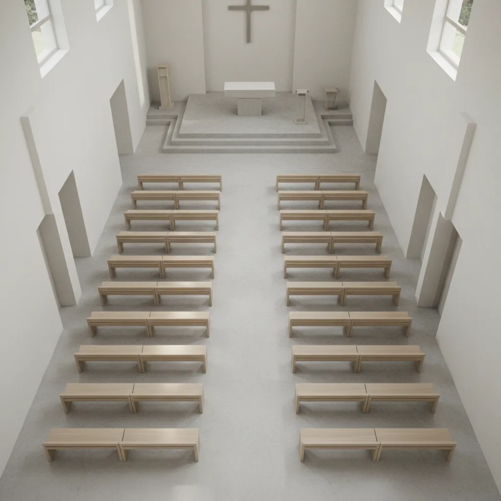 Top view diagram style render of chapel seating spacing and aisle distribution