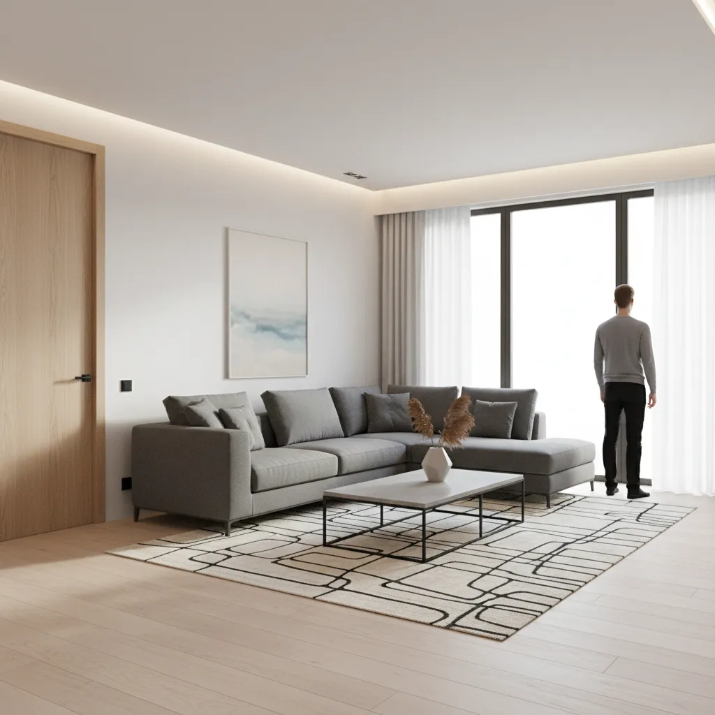 human character standing next to door and furniture to show scale reference