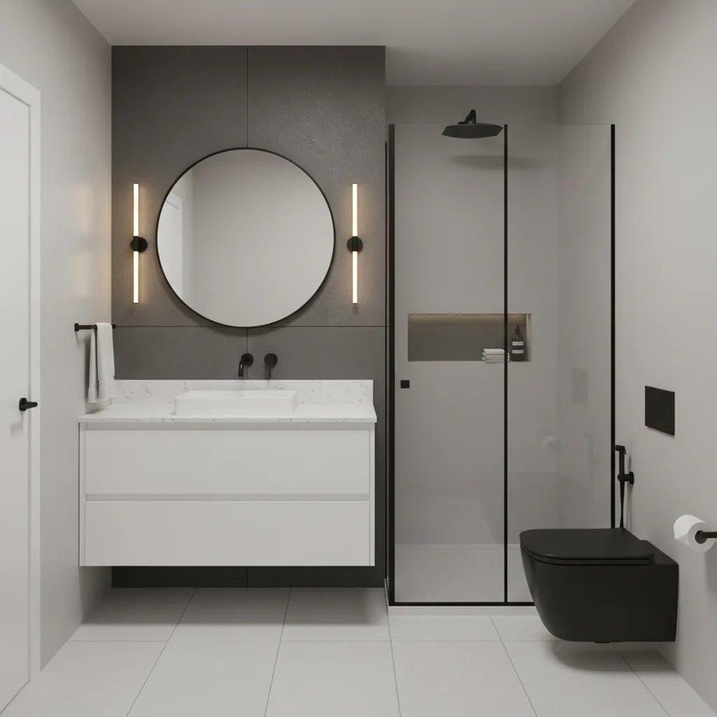 modern small bathroom with charcoal gray accent wall and light gray palette