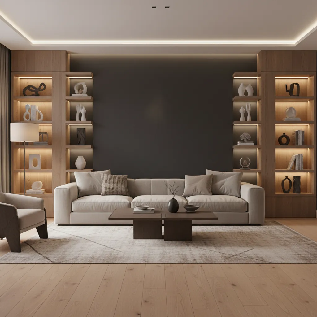 Living room with charcoal accent wall behind shelving and sofa