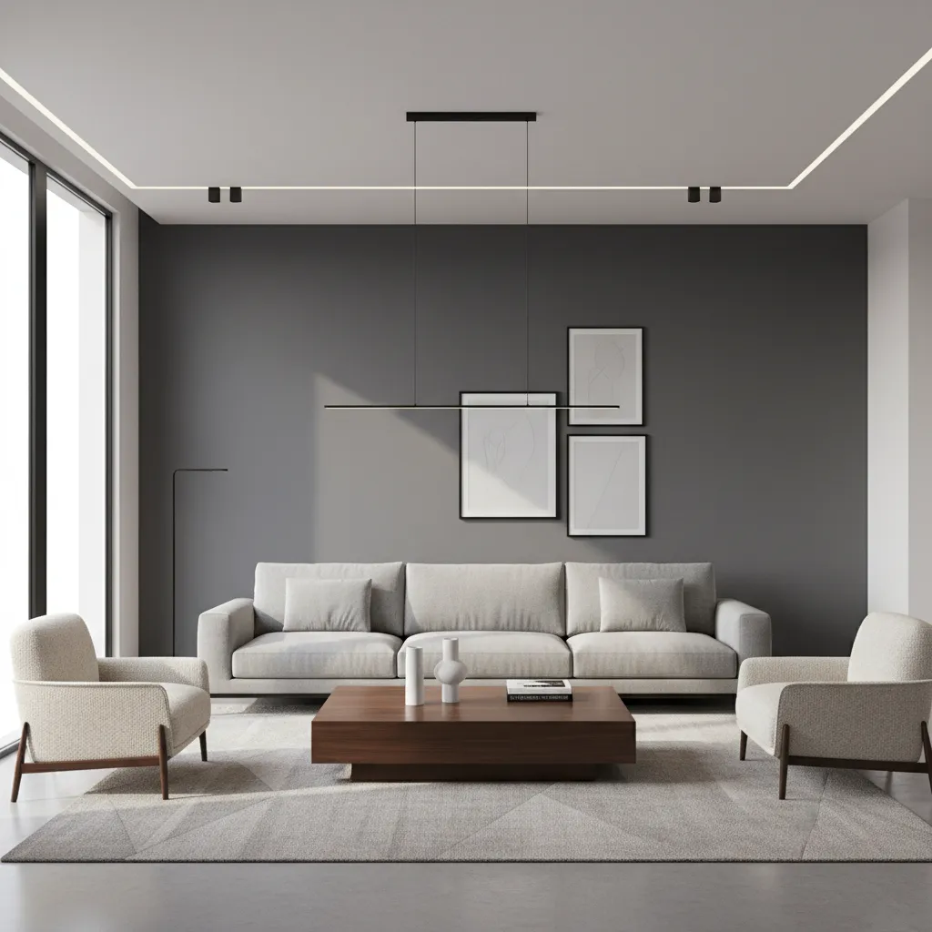 Living room with charcoal gray accent wall behind sofa