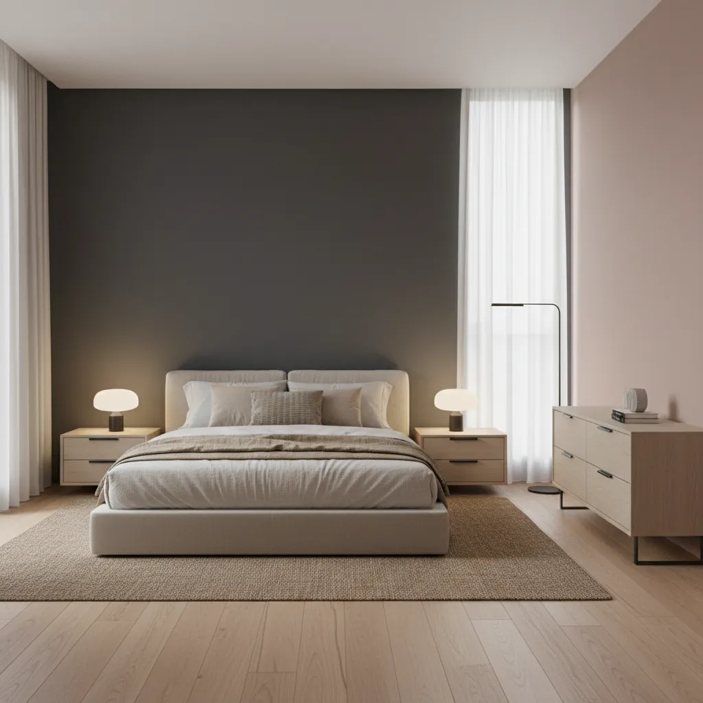Modern bedroom with charcoal gray and muted blush wall paint combination