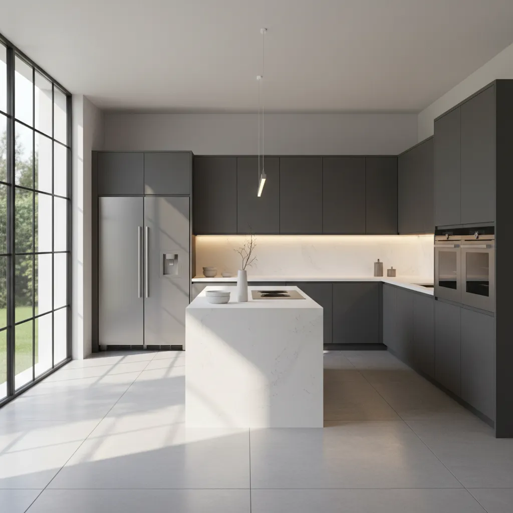 Charcoal grey kitchen cabinets paired with bright countertops and strong lighting