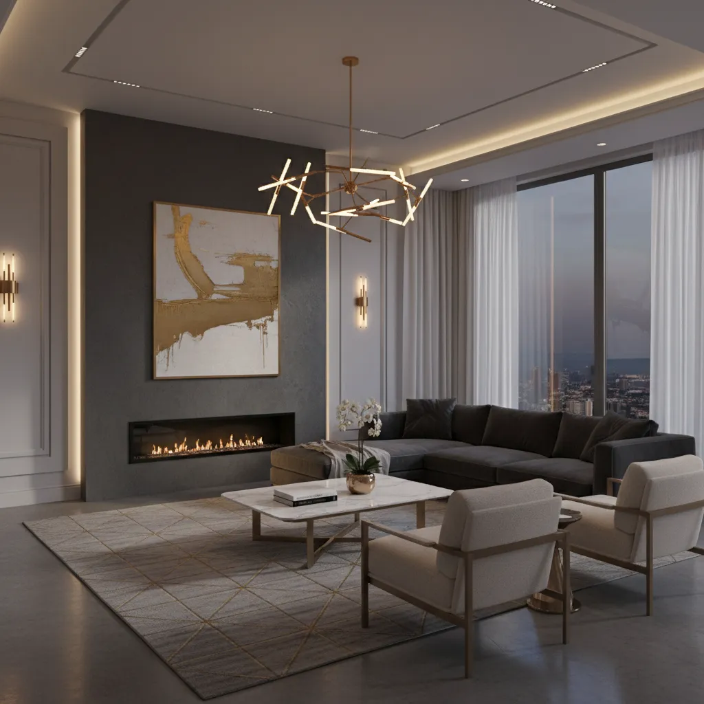Charcoal grey accent wall with gold lighting accents in a modern living room