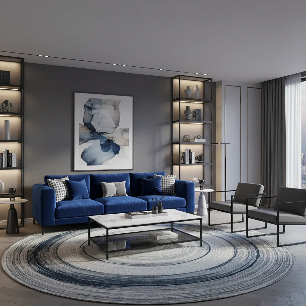 modern living room with charcoal walls and sapphire blue sofa