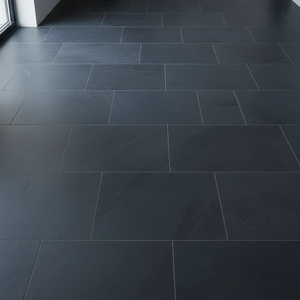 Close view of charcoal and slate dark bathroom floor tiles