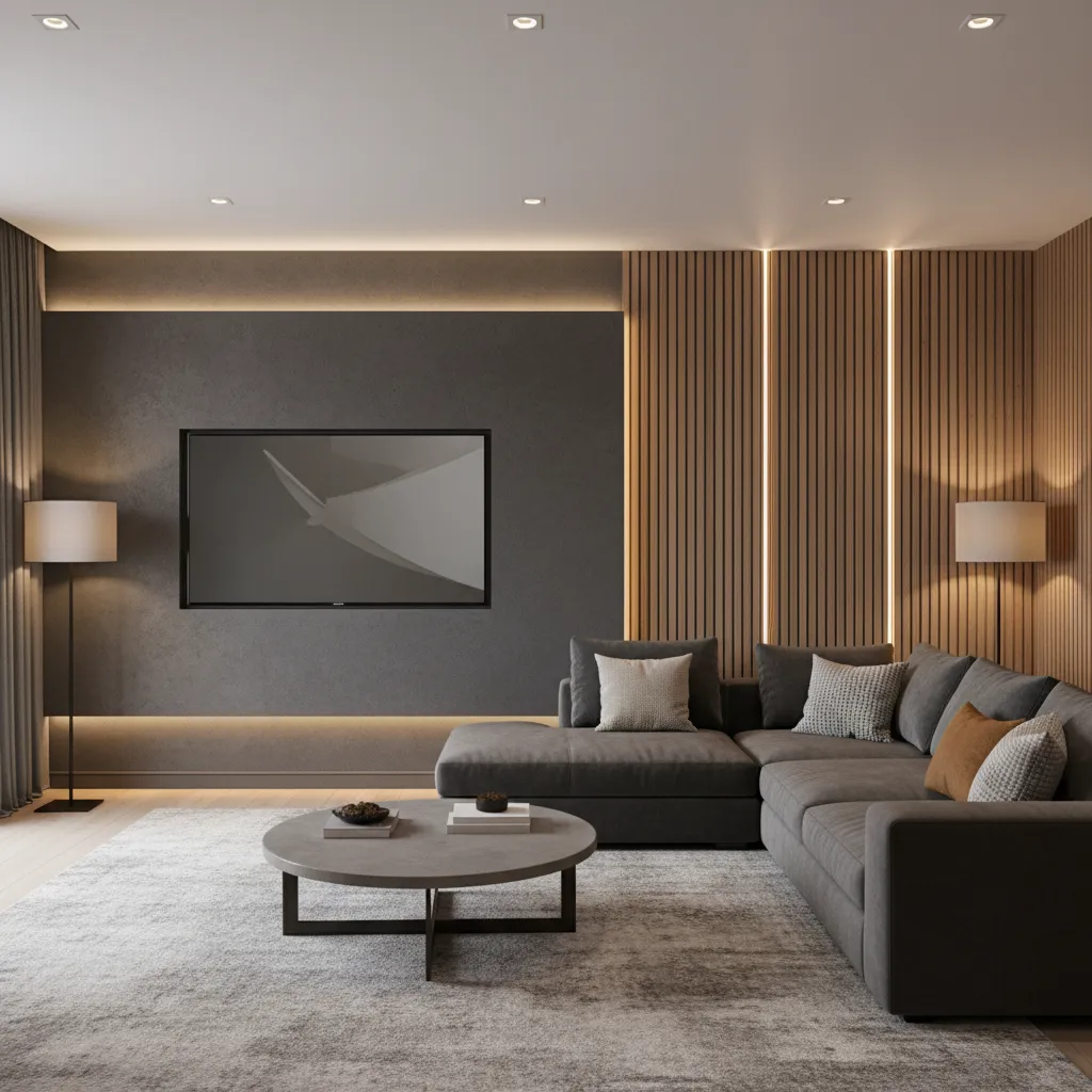 Modern media room with charcoal accent TV wall and wood panels
