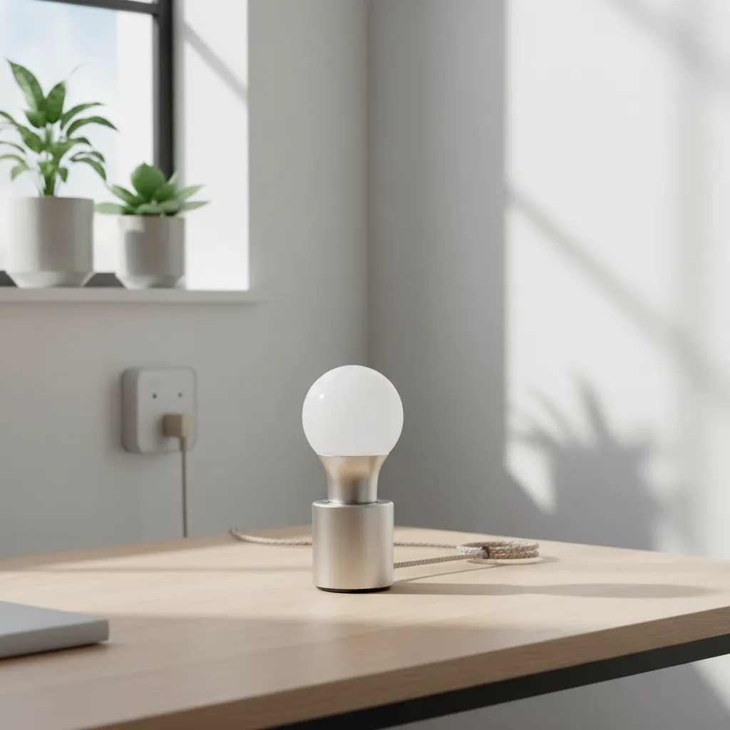 Rechargeable LED bulb connected to charging socket on desk with soft lighting
