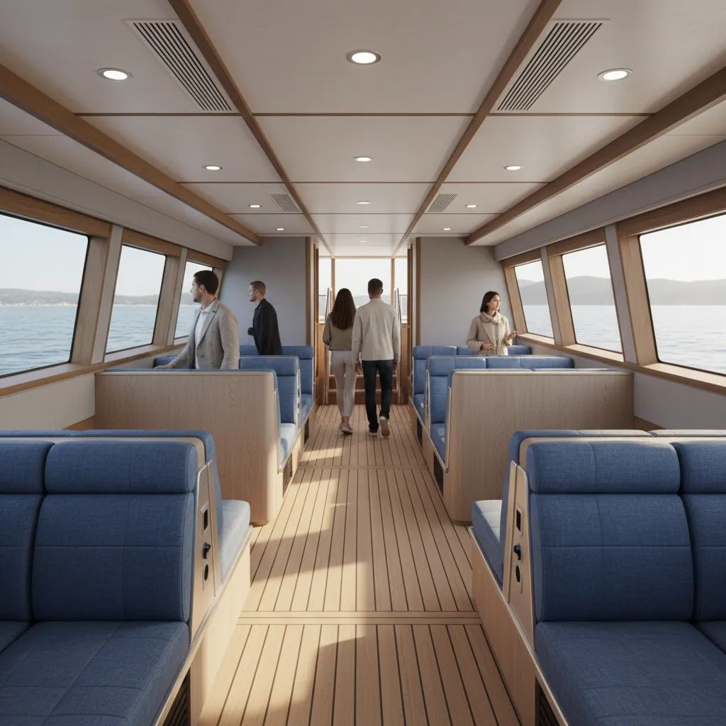 charter boat interior showing central aisle traffic flow