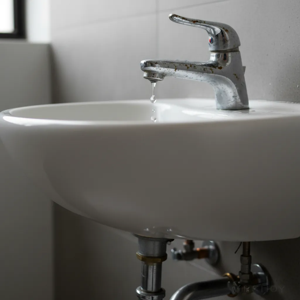 close-up of leaking cheap bathroom faucet with worn chrome plating