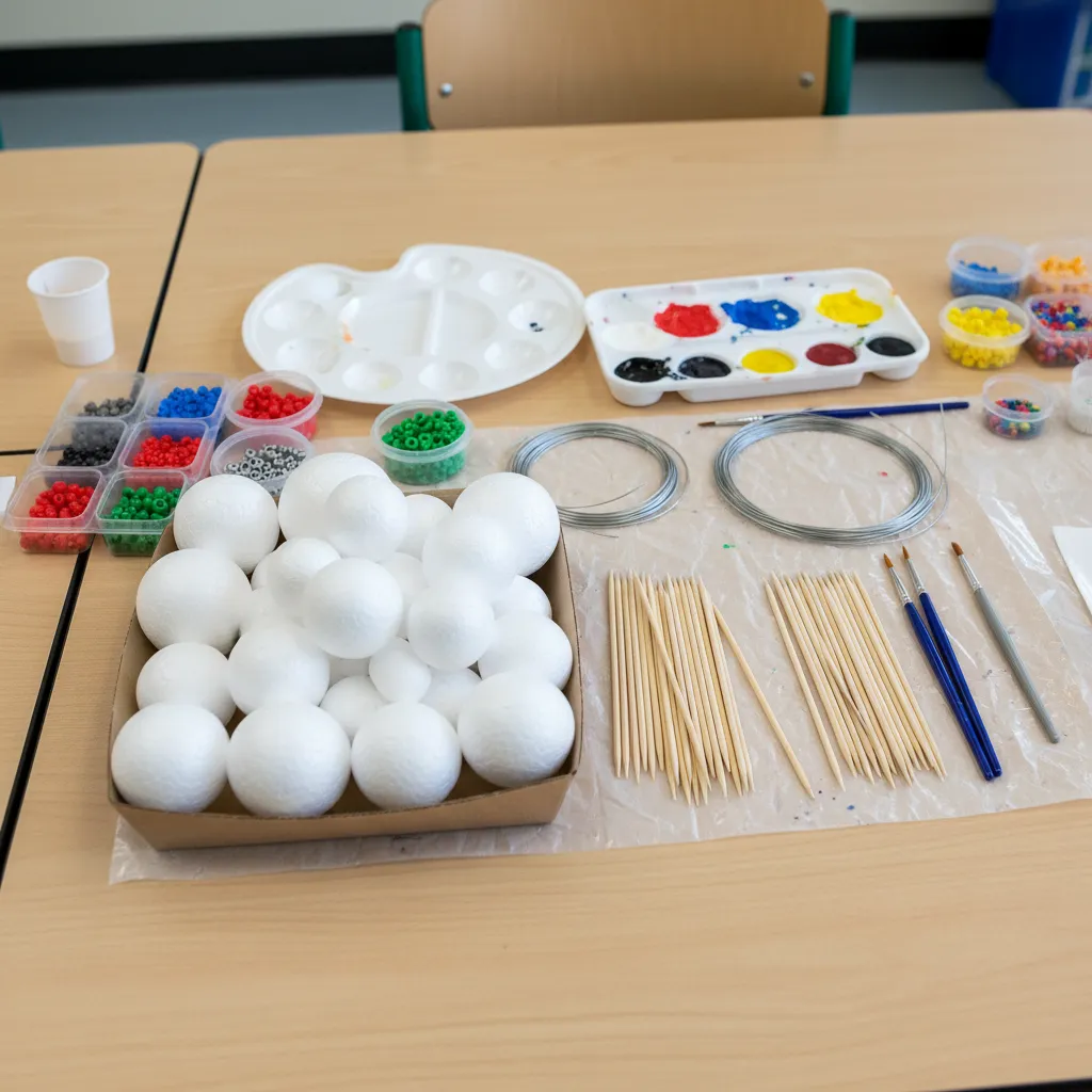 budget craft materials like foam balls wire and skewers for building an atom model