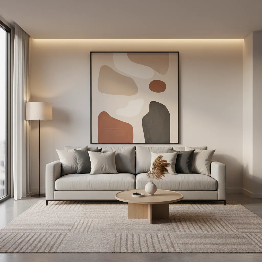 affordable furniture styled with large art pillows and rug to look expensive