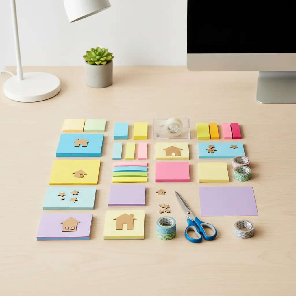 Affordable materials like colored paper sticky notes and cardboard for office door decoration