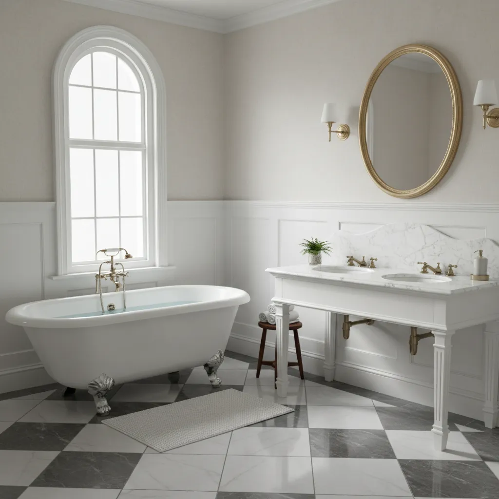 Classic bathroom with white bathtub double sink cabinet gold mirror and black white checkered floor