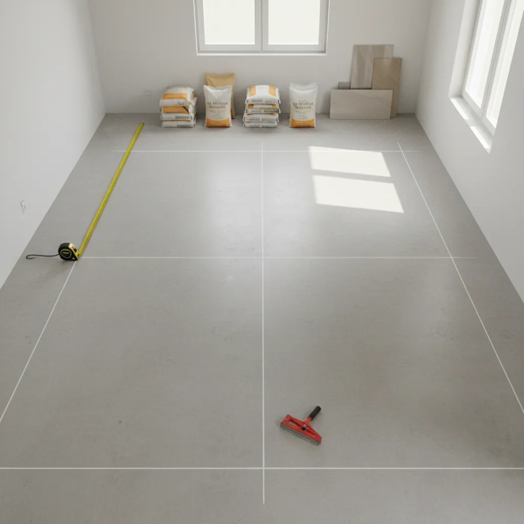 centerline markings and chalk lines on subfloor preparing checkerboard tile layout