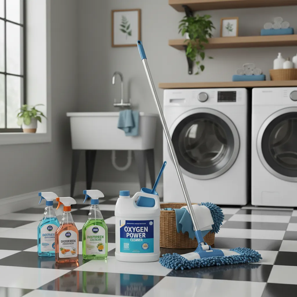 Different cleaning products and microfiber mop placed beside checkerboard tile floor