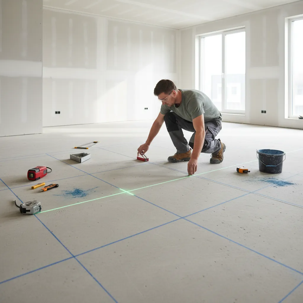 Contractor marking chalk grid lines for checkerboard tile layout
