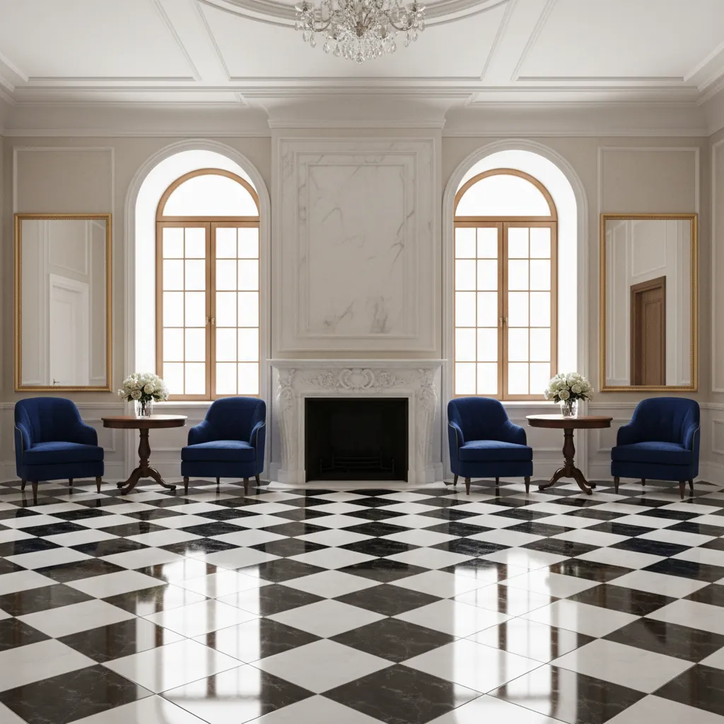 Finished interior room with perfectly installed checkerboard tile floor