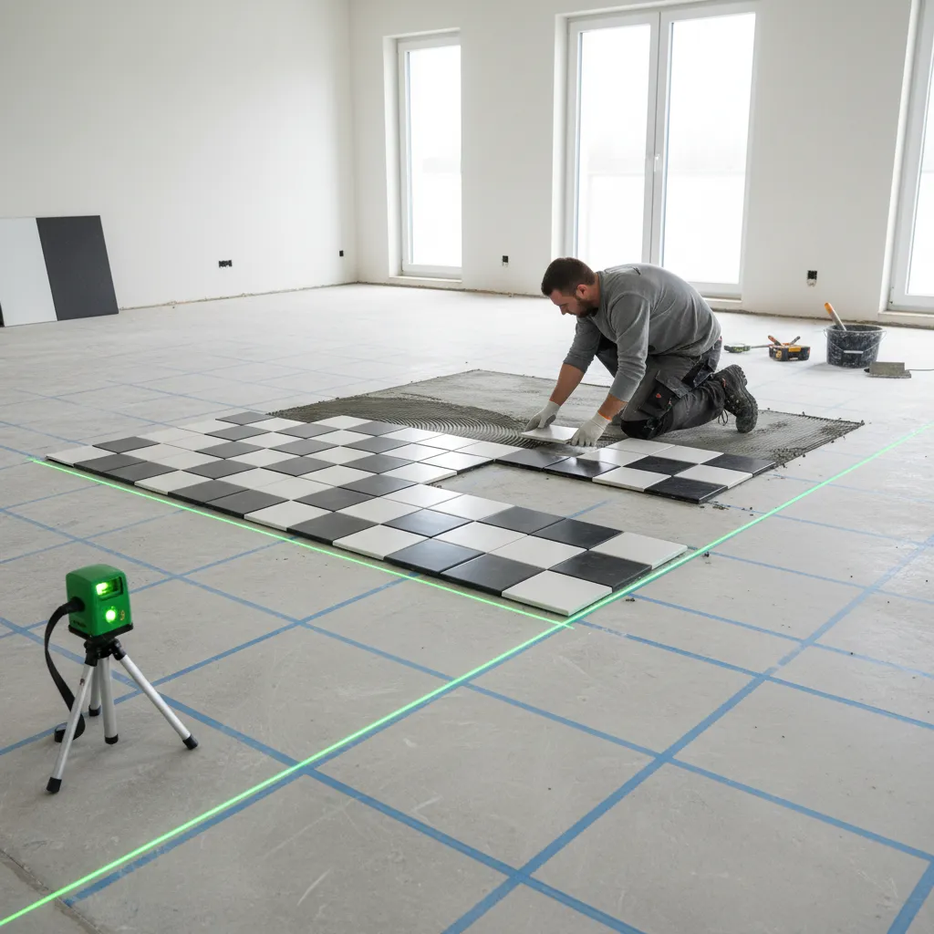 chalk grid layout on floor guiding checkerboard tile installation