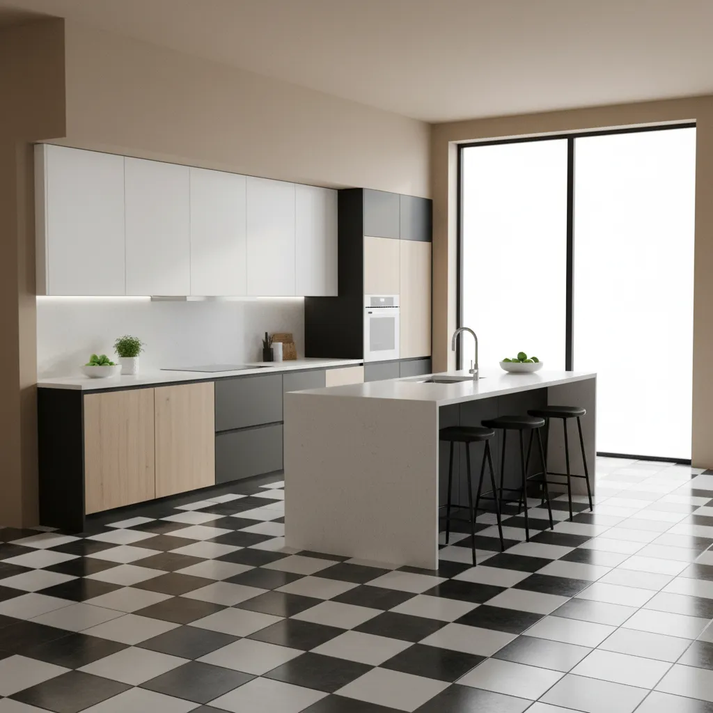 black and white checkerboard tile floor in modern kitchen
