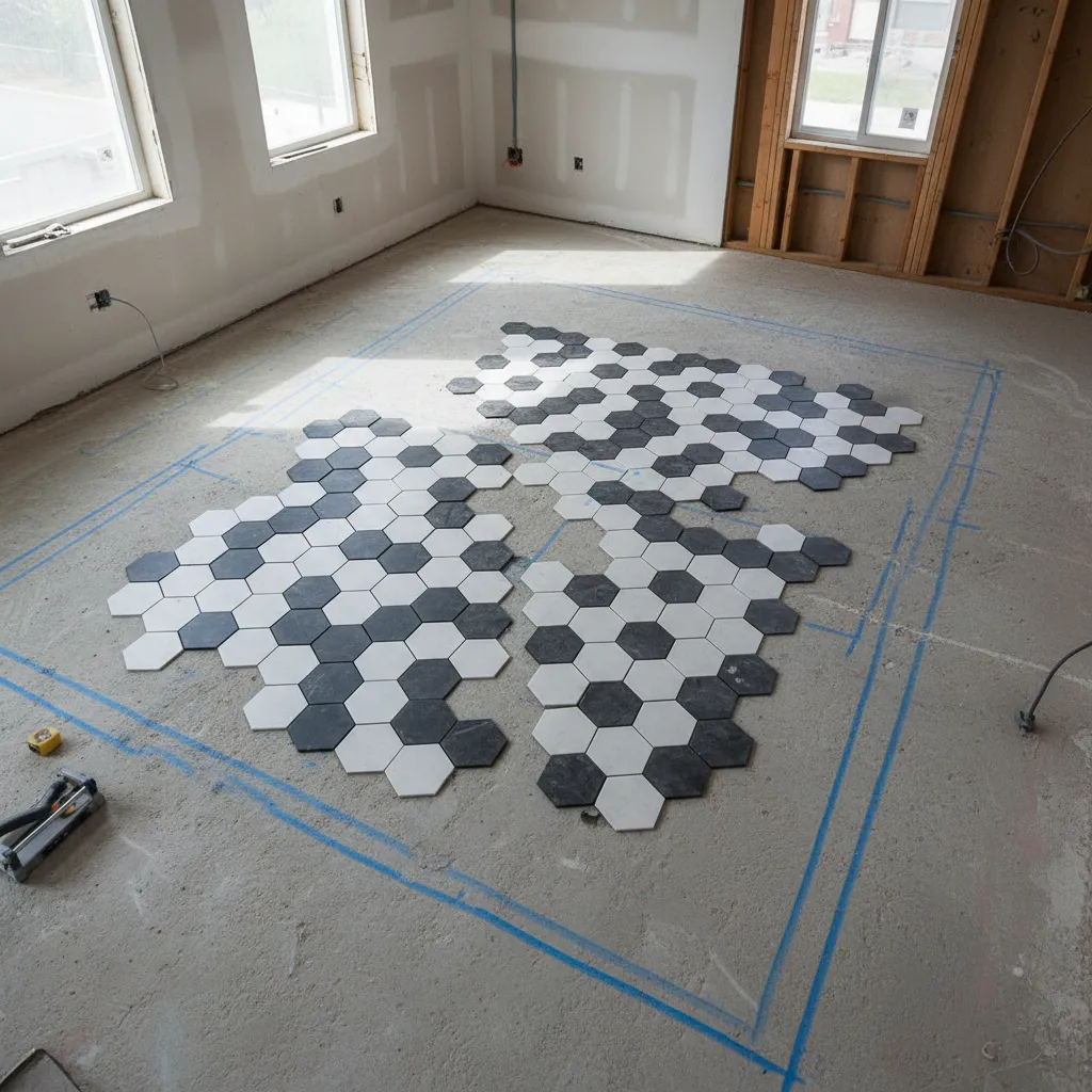 Dry layout planning of black and white checkerboard floor tiles
