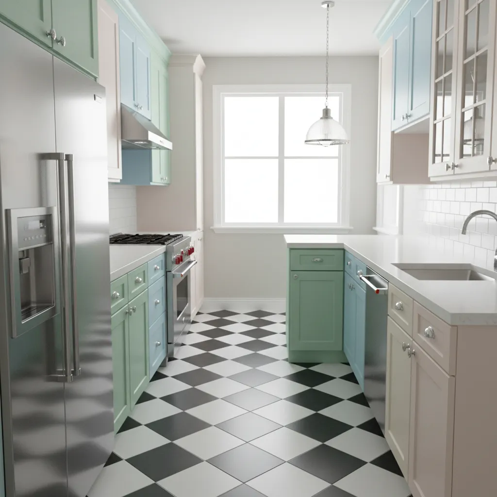 small kitchen with black and white checkerboard tile floor retro design