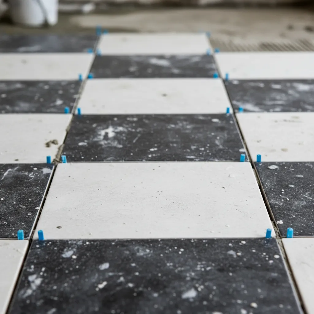 Close up of correct checkerboard tile spacing and grout lines