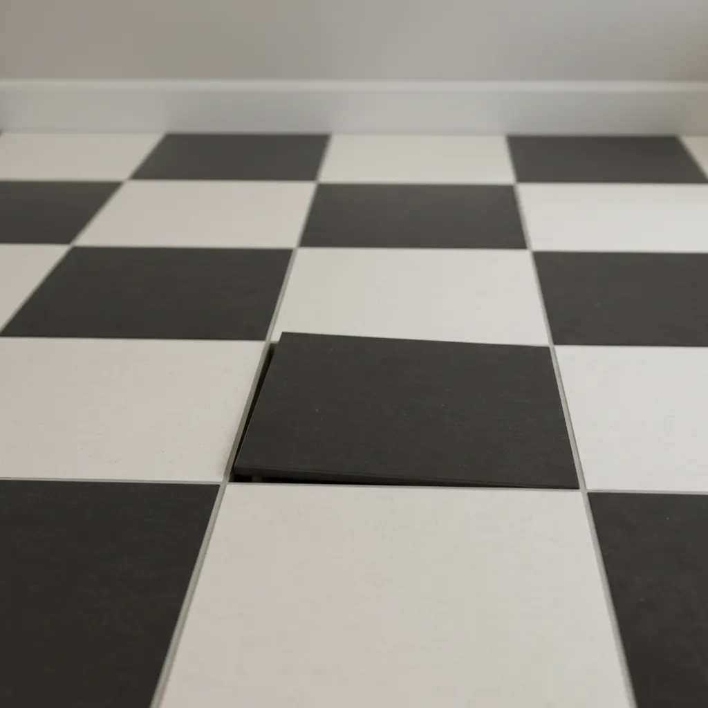 close view of uneven black and white checkerboard tiles showing height difference
