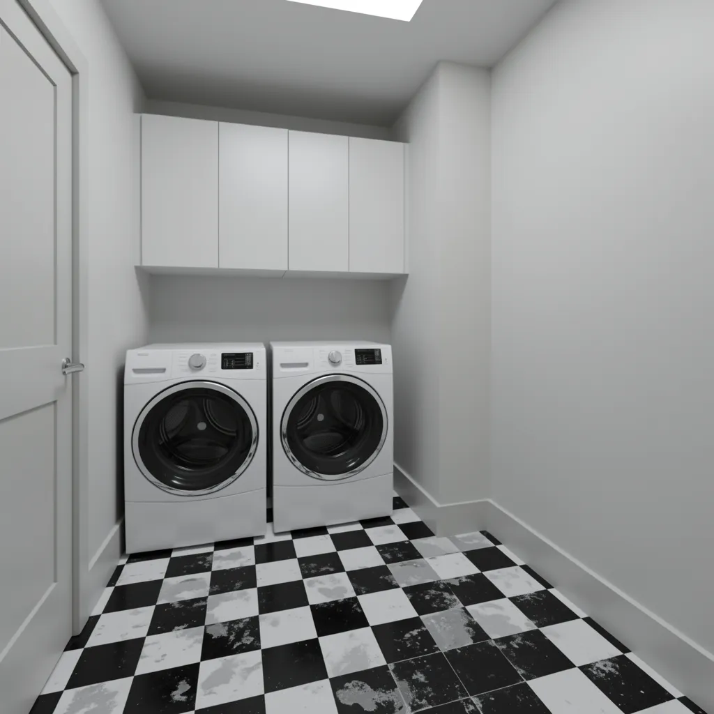 Laundry room with stained black and white checkerboard tile floor near washing machine