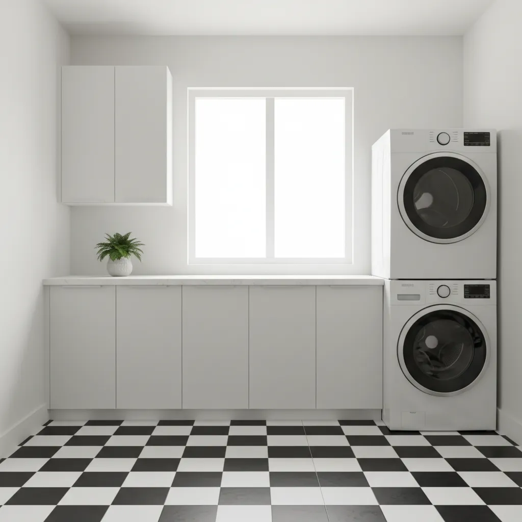 Laundry room interior with classic black and white checkerboard tile flooring