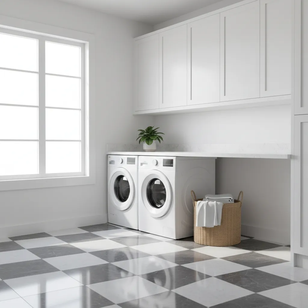 Laundry room interior with black and white checkerboard tile flooring